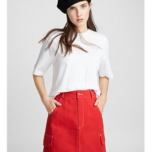 short red skirt with apparent white stitching.